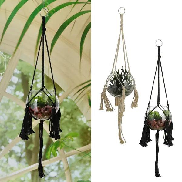 Set von 2 beigen Makramee H&auml;ngeampeln mit Kunstblumen | 60cm Lang | Dekorative H&auml;ngepflanzgef&auml;&szlig;e