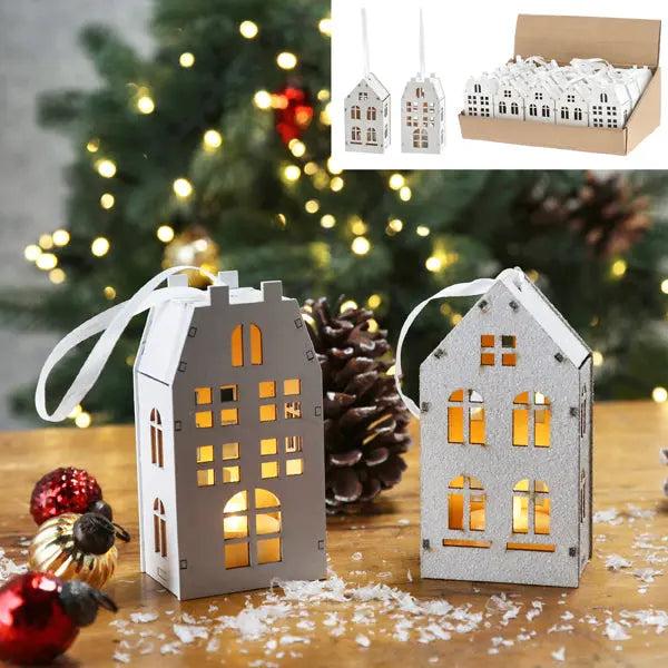 Set von 2 LED Holz H&auml;usern im Display | Wei&szlig;e Leuchtdeko | 6x11,5cm Rustikale Dekoration f&uuml;r Zuhause