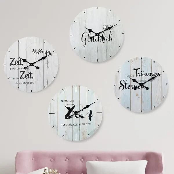 Set von 4 motivierenden Wanduhren, Durchmesser 28 cm - Perfekt f&uuml;r t&auml;gliche Inspiration