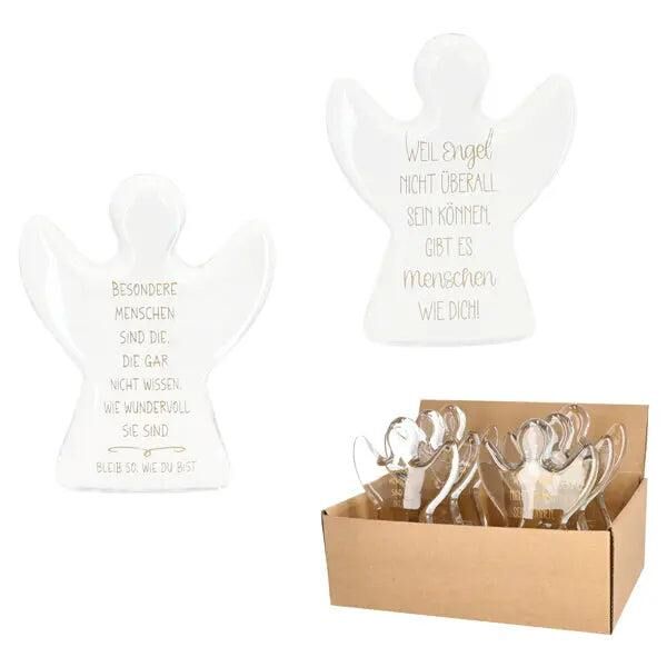 Stehender Schutzengel aus Glas, 14,5cm mit motivierendem Spruch, 2er-Set