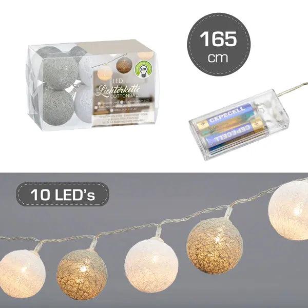 Stilvolle LED Cottonball Lichterkette in Wei&szlig;/Grau - 10 LEDs, 300cm Lang, 4cm Durchmesser