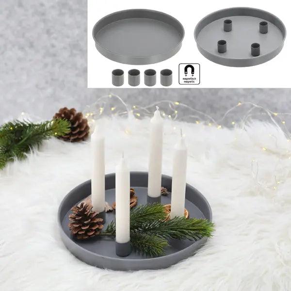 Tablett mit 4 magnetischen Kerzenhaltern, Grau, Durchmesser 25 cm