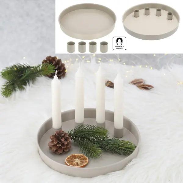 Tablett mit 4 magnetischen Stabkerzenhaltern, Taupe, Durchmesser 25 cm