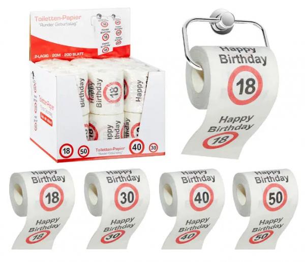 Toilettenpapier Runder Geburtstag, 4er-Set, 24 m, 200 Blatt - Lustige Partydekoration