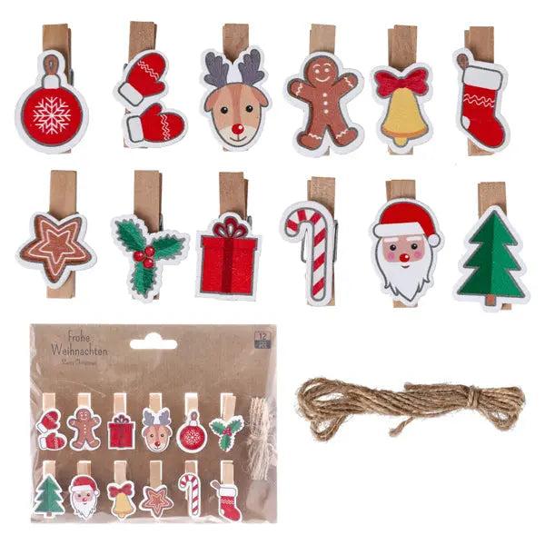Christmas fastening clips with cord, 12-piece set