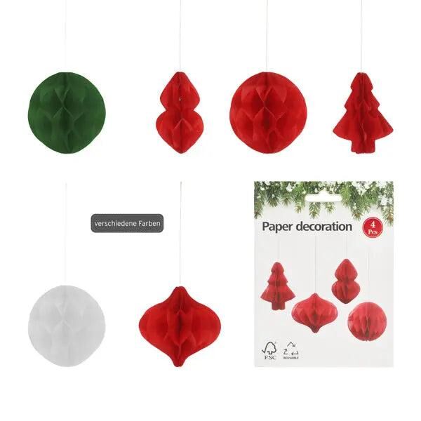 Weihnachtsdeko Honeycomb Anh&auml;nger, 3 Designs, 4er Set, ca. 8cm H&ouml;he - Festliche H&auml;ngedeko