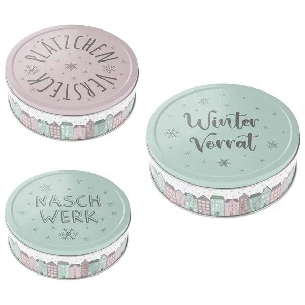 Winterdorf Geb&auml;ckdose Set - 3er Pack, Rund - Festliche Aufbewahrungsdosen