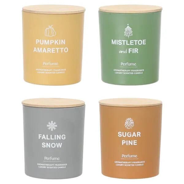 Winterliche Duftkerze im Glas mit Holzdeckel, 4er Set, 10cm H&ouml;he