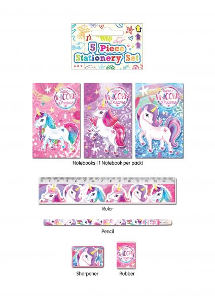 5-teiliges Einhorn-Schreibwarenset f&uuml;r Kinder: Stifte, Notizblock, Radiergummi & mehr