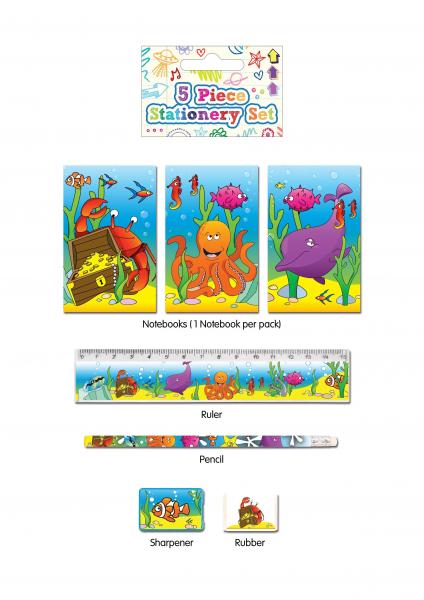 5-teiliges Schreibset Sealife - Notizbuch, Stifte, Lineal, Radiergummi, Spitzer