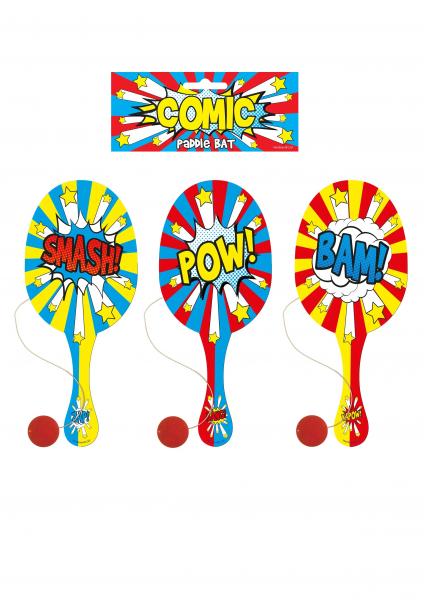 Comic Paddelschl&auml;ger & Ball aus Holz, 22 cm, 3 verschiedene Designs &ndash; Outdoor-Spielset f&uuml;r Kinder