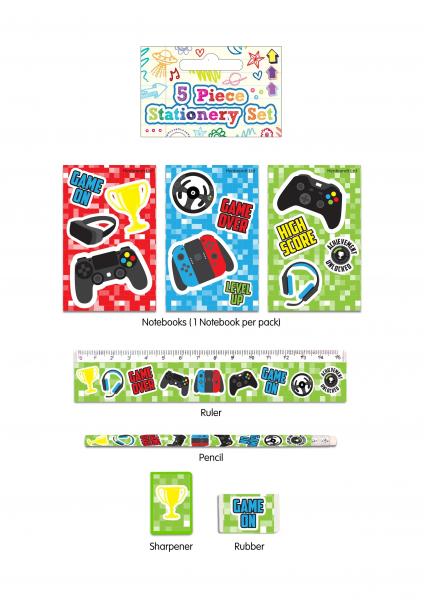 Gamer-Briefpapier-Set, 5-teiliges Set &ndash; inklusive Notizbuch, Bleistiften, Radiergummi und Lineal f&uuml;r Gaming-Enthusiasten
