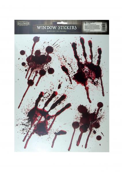 Halloween, Fensteraufkleber und blutige Fu&szlig;abdr&uuml;cke, zusammen mit den spezifischen Ma&szlig;en.