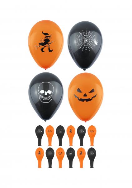Halloween-Luftballons 23 cm mit Druck &ndash; 2 verschiedene Farben, Partydekoration
