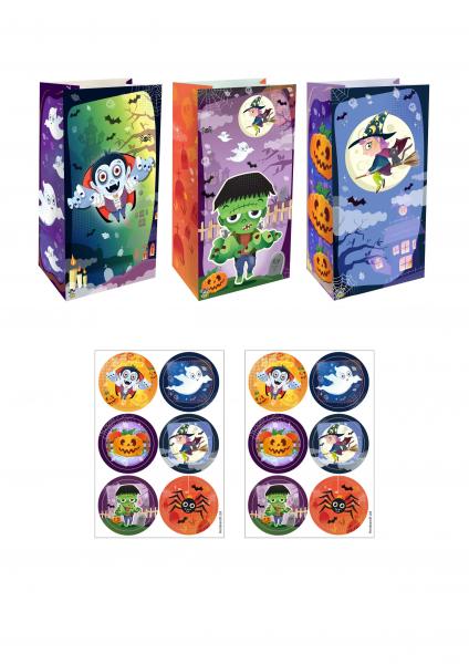 Halloween-Taschen-Set, 3-teilig mit Aufklebern, 6 Muster, 13x25x8 cm &ndash; Partyzubeh&ouml;r