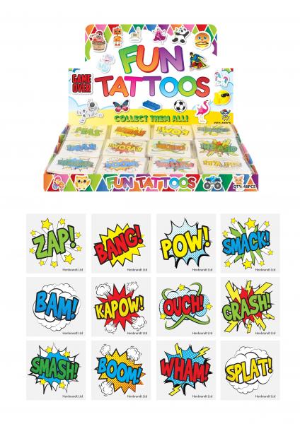 Mini-Comic-Tattoos, 4 cm, 12 verschiedene Designs, farbenfrohe tempor&auml;re Kindertattoos