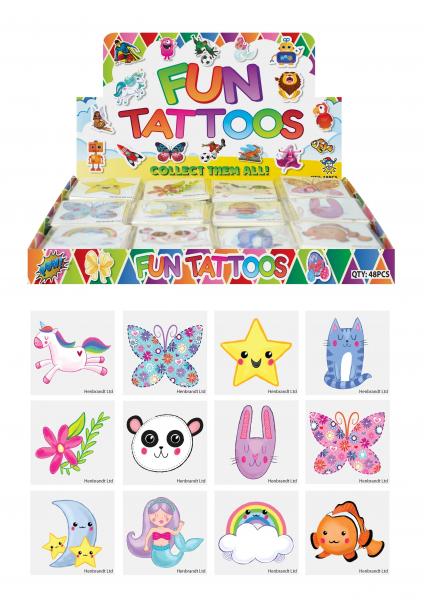 Mini tattoos, 4 cm, colorful, cute designs, 12 pieces, assorted