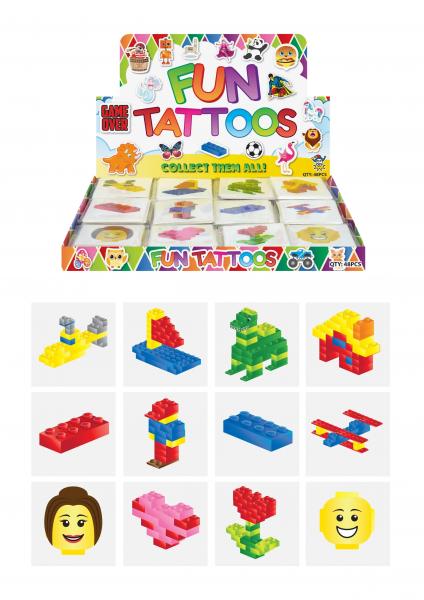 Mini-Tattoos 4cm, Brickz-Design, 12Er-Pack, Sortierte Muster, Wasserfest & Hautfreundlich