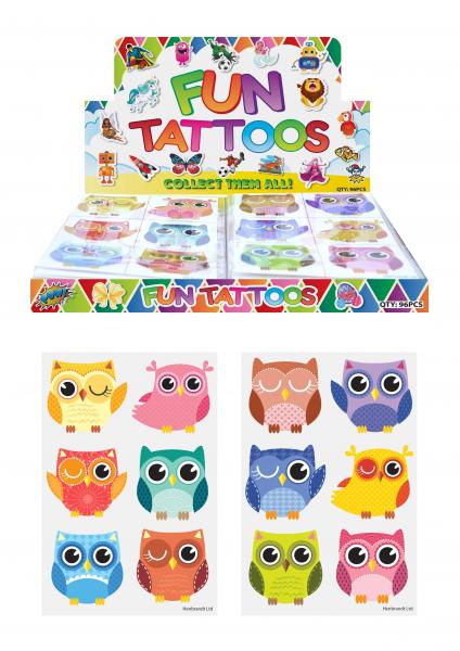 Mini-Tattoos Eulen, 4 cm, 6 St&uuml;ck Pro Karte, 2 Typen - Tempor&auml;re Kinder Tattoos