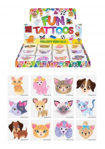 Mini-Tattoos f&uuml;r Kinder, 12 verschiedene Designs, Katzen- & Hundemotive, 4 cm, wasserfest