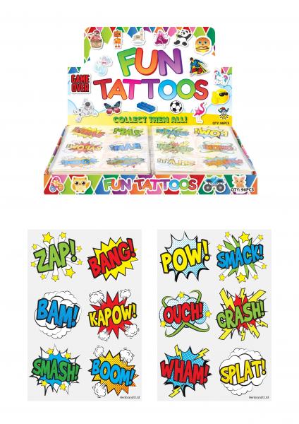 Mini-Tattoos im Comic-Stil, 4 cm, 6 St&uuml;ck Pro Karte, 2 Designs - Kinderparty Zubeh&ouml;r