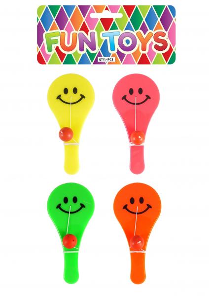 Paddelschl&auml;ger/Ball Smile 12 cm - 4 sortierte Farben, Spa&szlig;-Schl&auml;gerset f&uuml;r Kinder