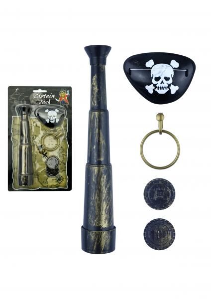 Piraten-Teleskop 19 cm mit Augenklappe, M&uuml;nze, Ohring &ndash; komplettes Piraten-Zubeh&ouml;r-Set