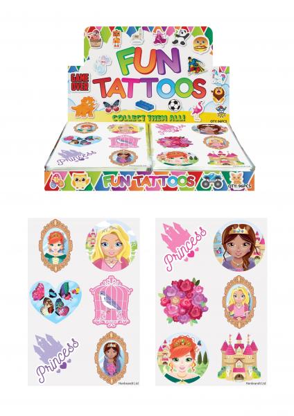 Prinzessin Mini-Tattoos, 4 cm, 6 St&uuml;ck pro Karte, 2 verschiedene Designs &ndash; ideal f&uuml;r Kinder