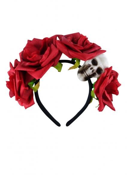 Schwarzes Stirnband mit Totenkopf und Blumen &ndash; Gothic-Blumenaccessoire