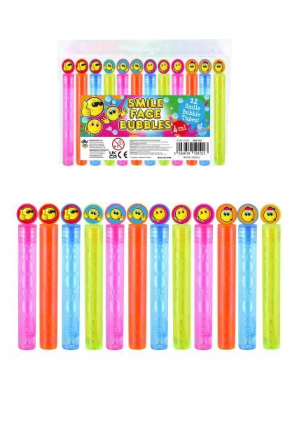 Smile Bubble Party Tube 4ml, 10,5cm - Bunte Seifenblasenst&auml;be, 4Er-Pack f&uuml;r Kinderfeste