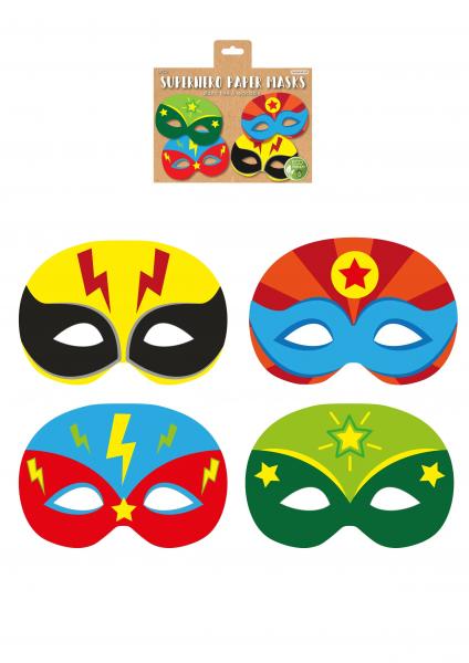 Superhelden-Masken aus Papier, 4 verschiedene Designs &ndash; Partyzubeh&ouml;r f&uuml;r Kinder
