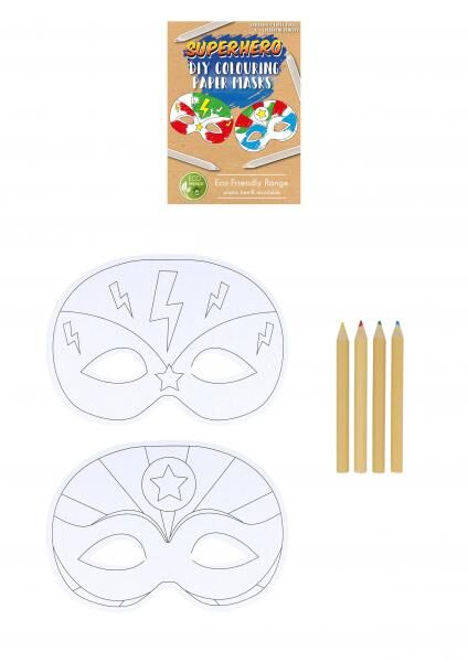 Superhelden-Maskenkorb-Set f&uuml;r Kinder &ndash; 2 DIY-Papiermasken A4 inkl. 4 Buntstifte