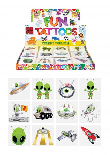 Tempor&auml;re Alien-Tattoos, 4 cm, verschiedene Designs, 12er-Pack &ndash; Partygeschenke f&uuml;r Kinder