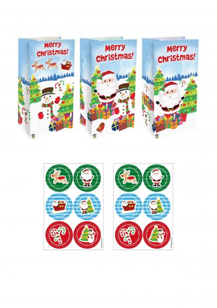 Weihnachtstasche mit 3D-Aufklebern, Sortiment 6 Designs, Geschenkt&uuml;te 13x25x8 cm