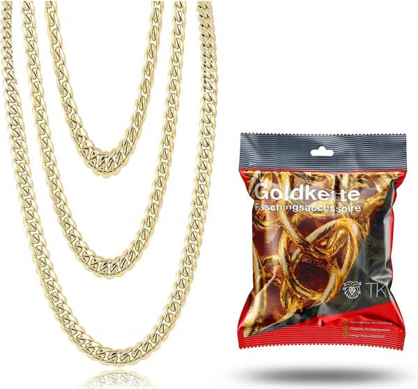 1x Goldkette Panzerkette ca. 50 cm Goldkettchen wie Rapper Gangster Fokuhila Accessoires 80er 90er Jahre Fasching Karneval (1x)