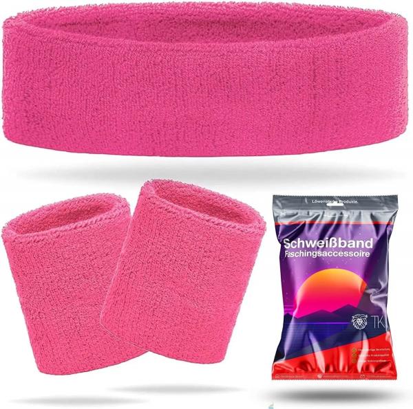 3 in 1 Schwei&szlig;band pink Set mit Stirnband - als Accessoire Vokuhila Kost&uuml;m zu Retro neon 80er 90er Outfit Fasching & Karneval