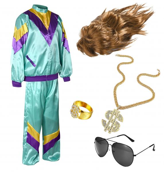 6 in 1 Vokuhila Set 80er Outfit Kost&uuml;m mit Unisex Trainingsanzug, Assi Per&uuml;cke, Goldkette, Brille - f&uuml;r Fasching & Karneval