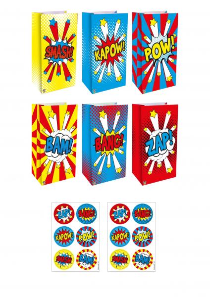 Comic-Tasche mit Aufklebern, 3 Designs, 13x25x8 cm, Set mit 3 Aufklebern