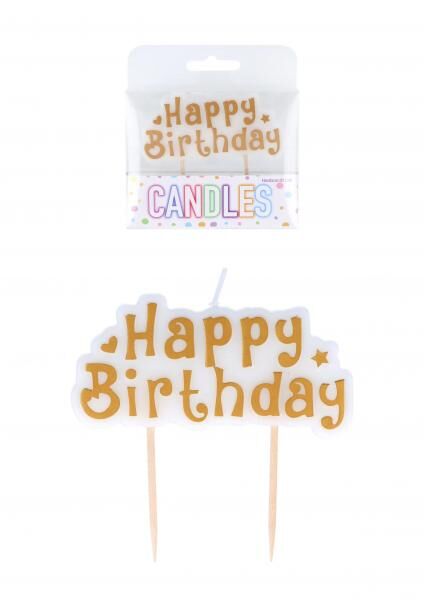 Gold-Wei&szlig; Gl&uuml;ckwunschkerze Happy Birthday, 8,3x4 cm, 1 St&uuml;ck - Geburtstagsdeko
