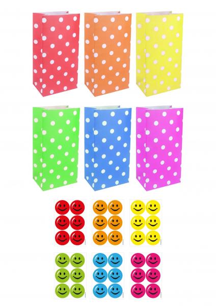 Polka Dots Tasche mit Smile Face Aufklebern, Medium, 3Er Set, 13x25x8 cm, 6 verschiedene Farben