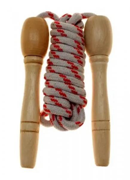 Springseil mit Holzgriffen, pr&auml;sentiert im Display