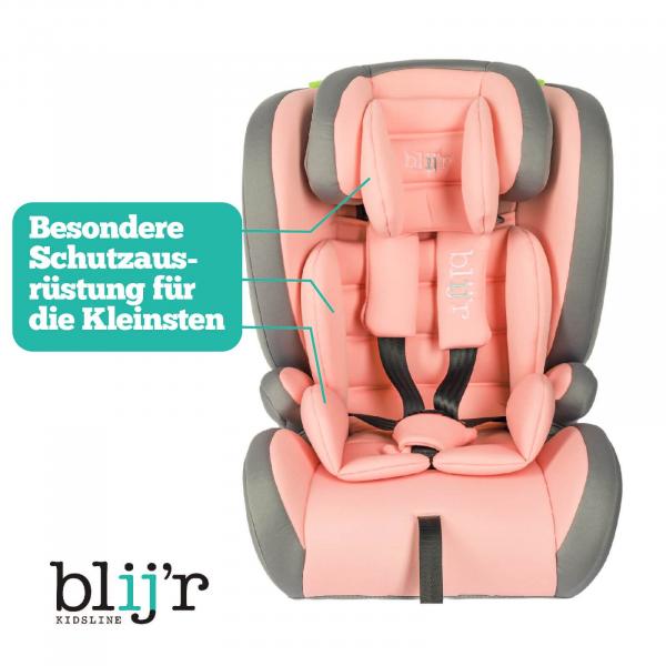 Blij`r Ivo plus pink/grey Autositz Kindersitz I-Size für Kinder zwischen 76-150 cm Körpergröße mit Seitenaufprallschutz