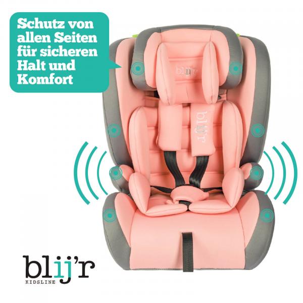 Blij`r Ivo plus pink/grey Autositz Kindersitz I-Size für Kinder zwischen 76-150 cm Körpergröße mit Seitenaufprallschutz