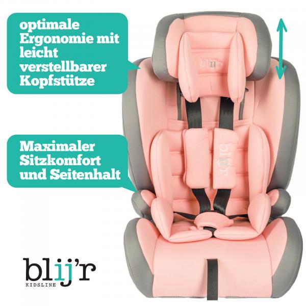 Blij`r Ivo plus pink/grey Autositz Kindersitz I-Size für Kinder zwischen 76-150 cm Körpergröße mit Seitenaufprallschutz