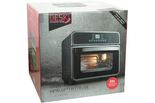 DESKI 613-401274 Kompakter 3in1 Mini-Backofen, Heißluftfritteuse und Dörrgerät in Einem, 1600 W, 15 Liter, 14 Automatikprogramme
