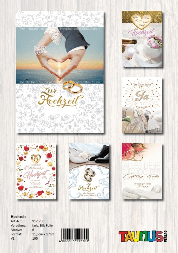 Hochzeitskarten - 100 St&uuml;ck - 6 Motive