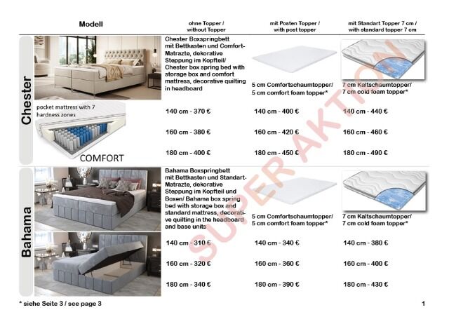 Betten Angebot, Boxspringbetten mit Bettkasten, Matratze und wahlweise Topper