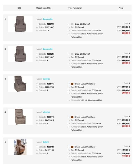 Möbelpaket mit Sessel, TV-Sessel, Relaxsessel und Chefsessel verschiedene Modelle