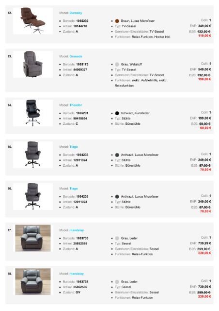 Möbelpaket mit Sessel, TV-Sessel, Relaxsessel und Chefsessel verschiedene Modelle