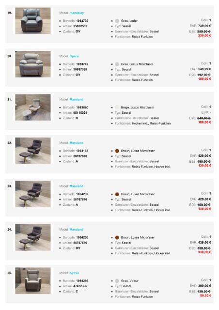 Möbelpaket mit Sessel, TV-Sessel, Relaxsessel und Chefsessel verschiedene Modelle